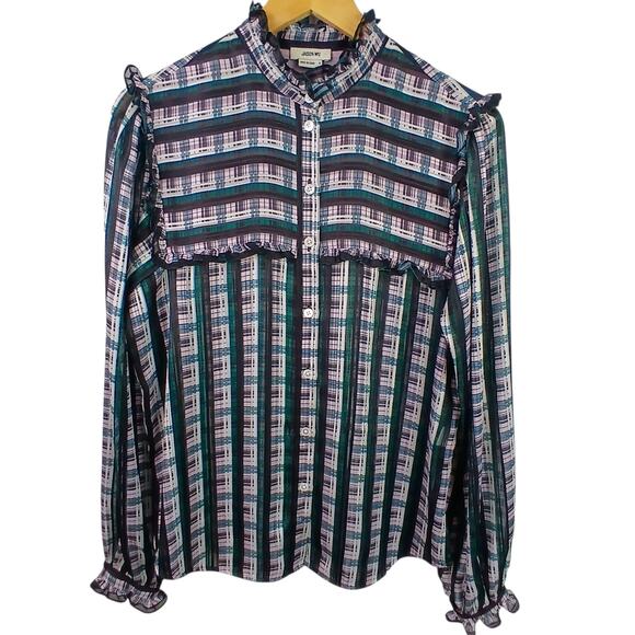 Jason Wu SZ 6 Striped Plaid Ruffle Blouse Cactus Rose Multi As Seen On TV $450 - Picture 2 of 7